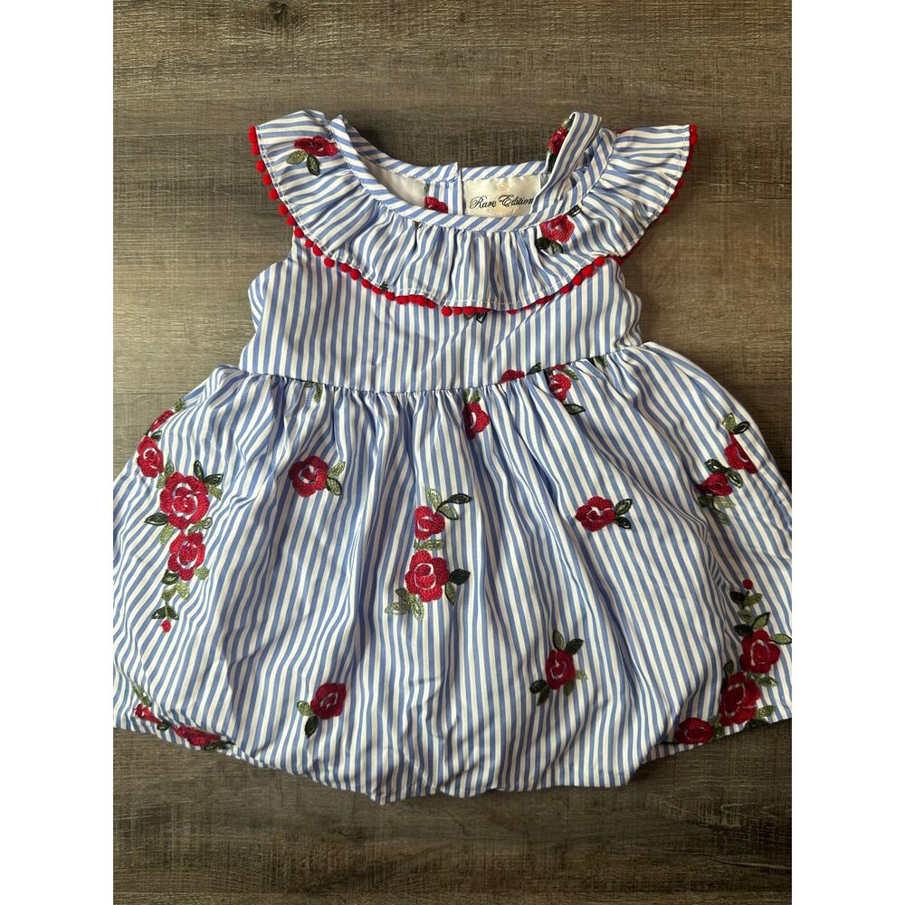 Rare Editions Blue White Vertical Striped Dress Red Flowers 2 Piece 18 month NWT